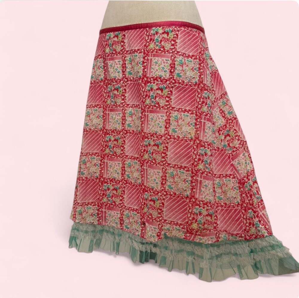 Whimsical Snak Vintage Y2K Pink Patchwork Floral Midi Skirt with Blue Tulle Ruff